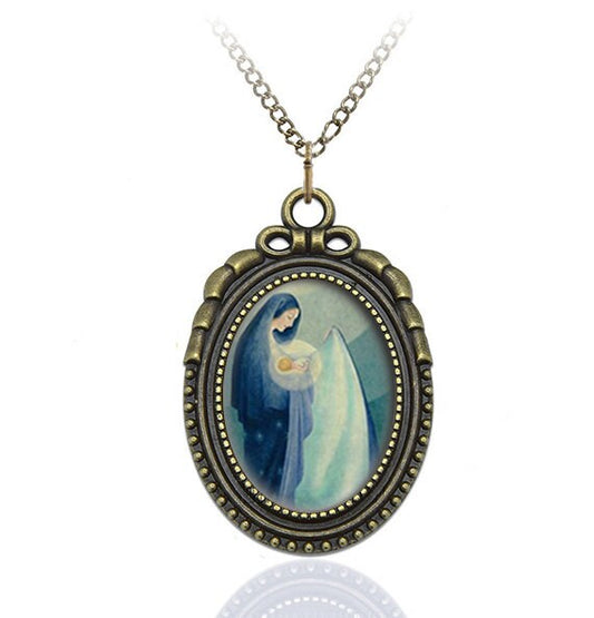 Our Lady of the Night Necklace Catholic Pendant Virgin Mary Jewelry Medal Nuestra Senora de La Noche Oval Style Charm Bronze w Chain