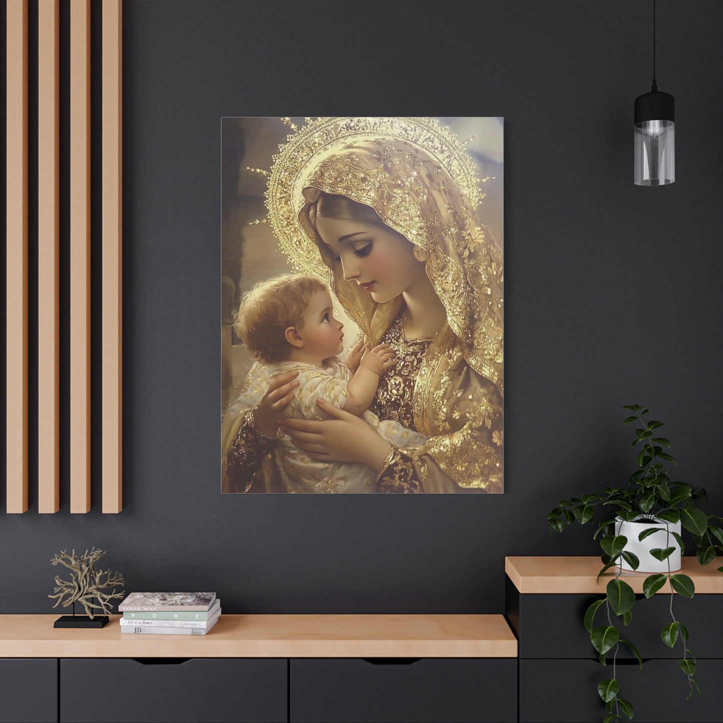 Mary and Baby in Gold Catholic Canvas Wall Art, Christian Decor