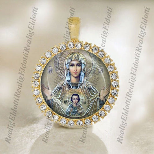 Our Lady of the Sign Virgin Mary Religious Christian Orthodox Church Icon Gold / Silver Tone Medal Pendant Jewelry