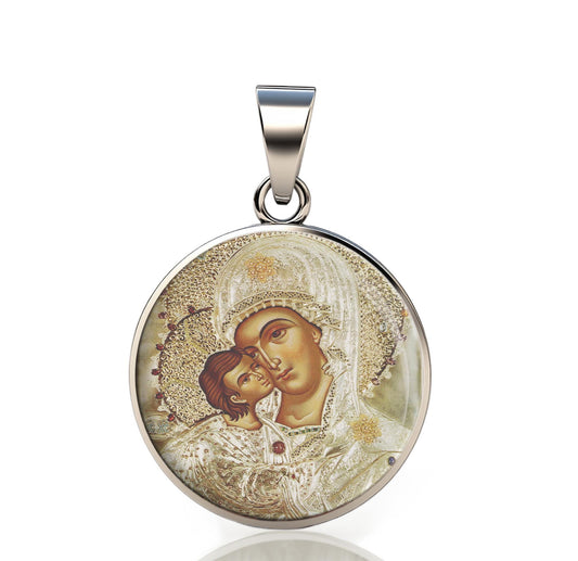Our Lady Orthodox Icon Mary 925 Sterling Silver Round Pendant Christian Religious Medal Small 20mm
