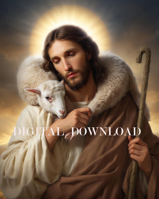 Lord Jesus Christ with Lamb Good Shepherd Religious Art Digital  Catholic Print image 0