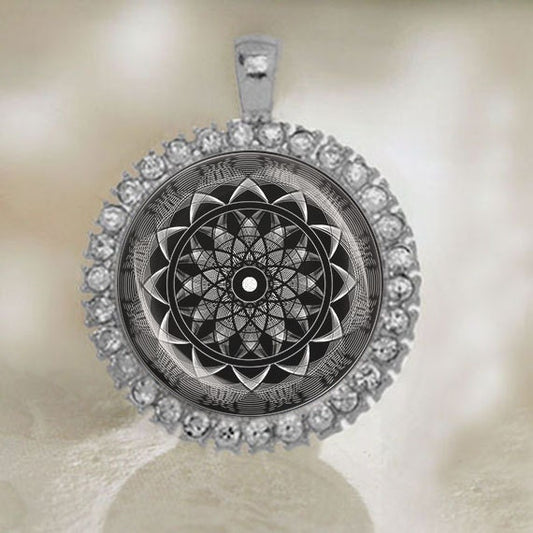 Mandala Sacred Geometry Medal. Black and White / Blue Flower of Life Pendant