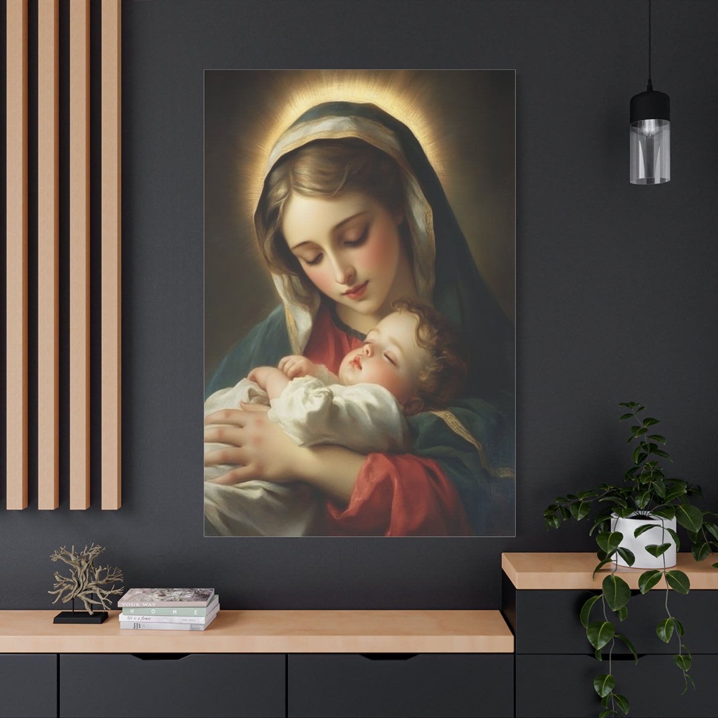 Mary and Sleeping Baby Jesus Catholic Canvas Wall Art, Christian Decor