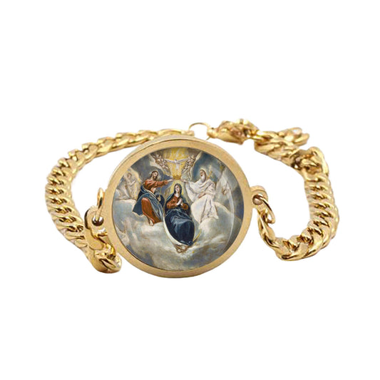 Our Lady Coronation Of The Virgin Mary Curb Bracelet Gold or Silver tone Religious Jewelry Simple Chain