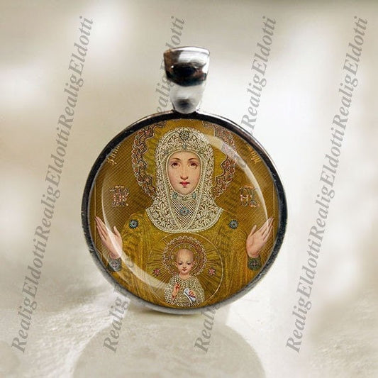 Our Lady of the Sign - Theotokos Virgin Mary - Religious Medal Pendant / Charm Cabochon with Glass Dome