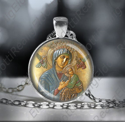 Our Lady of Perpetual Help Necklace Catholic Religious Silvertone Pendant w Chain