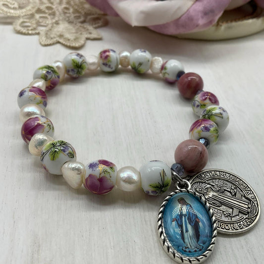 Decade Catholic rosary bracelet Our Lady of Grace medal, St Benedict Charm | Ceramic Beads and Pearls | Catholic gift | Catholic jewelry