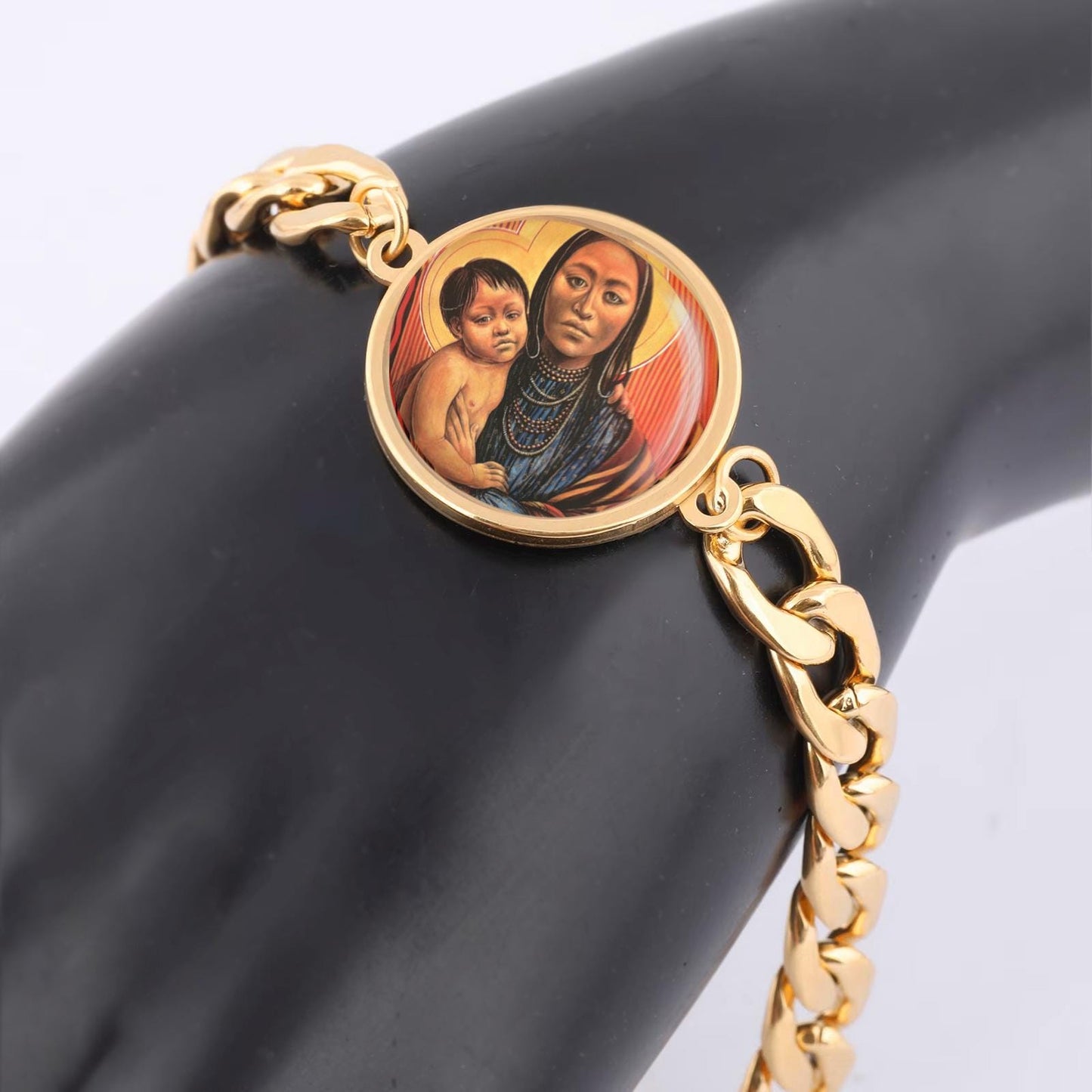 Our Lady Native American Madonna Curb Bracelet Gold or Silver tone Religious Jewelry Simple Chain