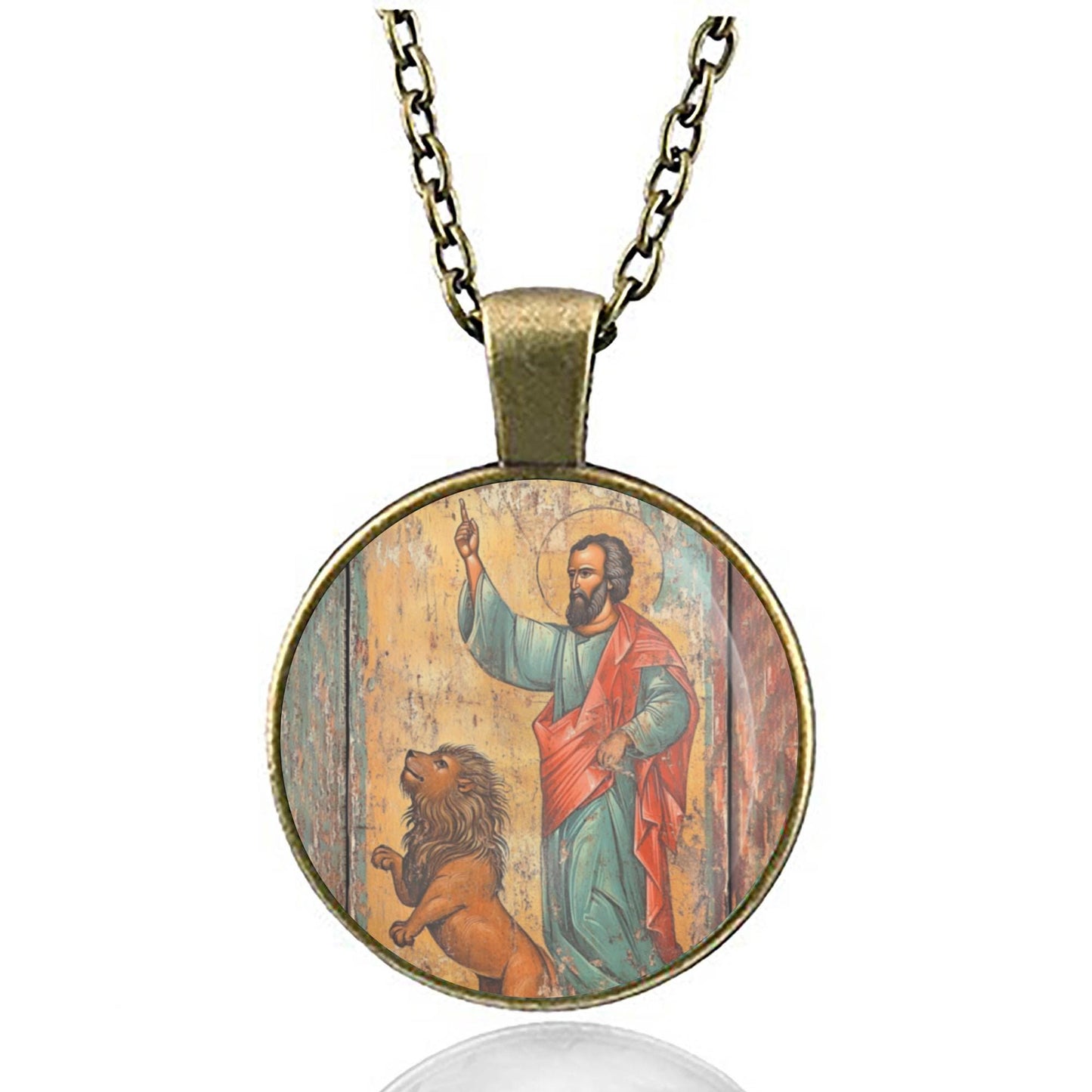 St Mark w Lion Medal Necklace Round Pendant