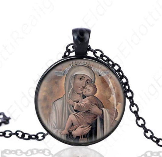 Our Lady of Mount Carmel Black Necklace Catholic Medal Mary Pendant Chain