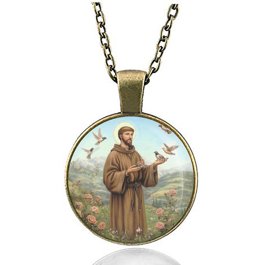 St. Francis of Assisi w Birds Patron Saint of Animals and Ecology Necklace Pendant