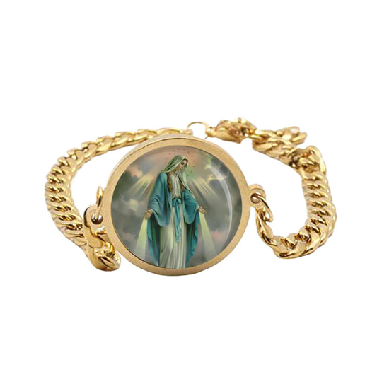 Our Lady Miraculous Curb Bracelet Gold or Silver tone Religious Jewelry Simple Chain