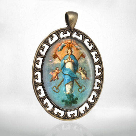 Our Lady of Assumption Medal Virgin Mary w Keys Heaven Pendant