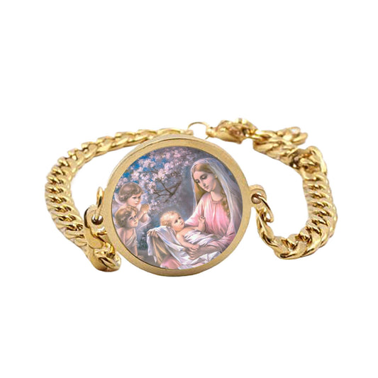 Our Lady Mary Curb Bracelet Gold or Silver tone Religious Jewelry Simple Chain