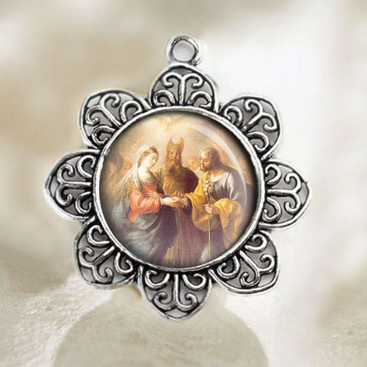 Marriage of St Joseph and Mary Medal Catholic. Christian Pendant Silver Tone Jewelry. Blessed Mary Flower Shape Medal for Necklace