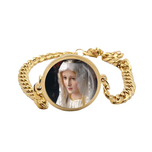Our Lady Fatima Nossa Senhora Curb Bracelet Gold or Silver tone Religious Jewelry Simple Chain