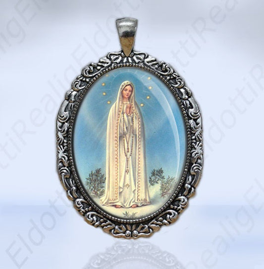 Our Lady of Fatima Christian Catholic Blue Colors Medal Oval Pendant Religious Jewelry