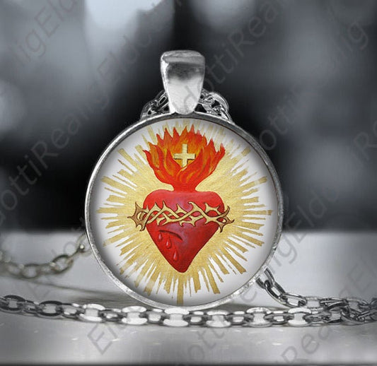 Sacred Heart of Jesus Catholic Necklace Heart Fire Thorns Jesus Medal 1 Inch Pendant w Silver Chain NEW