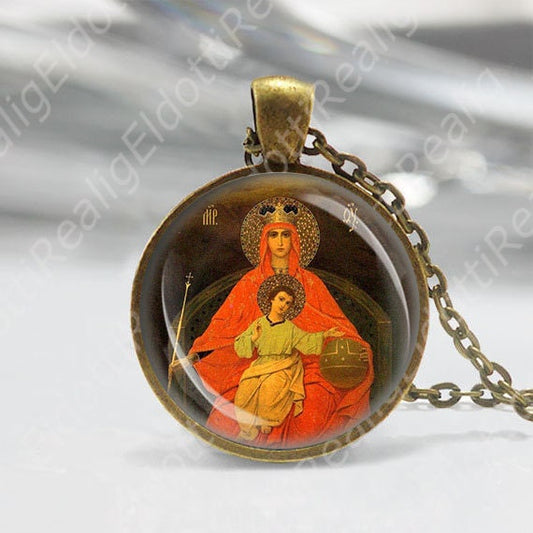 Our Lady Derzhavnaya Mother Mary w Jesus The Sovereign Orthodox Orthodox Bronze Necklace