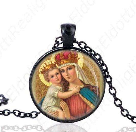 Our Lady Good Remedy Virgin Mary and Baby Jesus Black Necklace Catholic Medal Pendant Chain