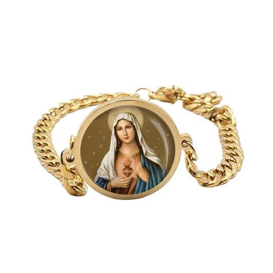 Our Lady Immaculate Heart Of Blessed Virgin Mary Curb Bracelet Gold or Silver tone Religious Jewelry Simple Chain
