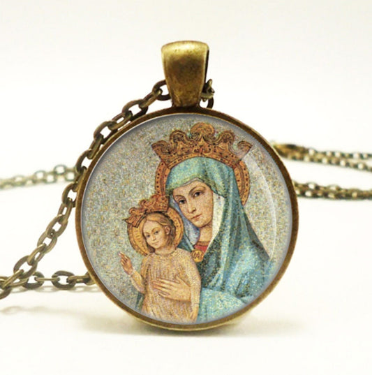 Mater Ecclesiae Virgin Mary and Baby Jesus Catholic Necklace Christian Pendant 25mm Bronze Medal