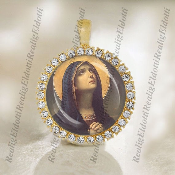 Virgin Mary Our Lady of Sorrows Religious Catholic Gold Tone Medal Pendant Jewelry