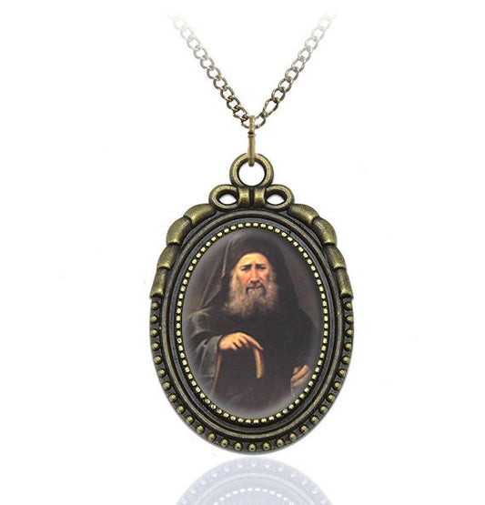 St Elder Joseph the Hesychast Religious Pendant Orthodox Medal Oval Style Charm Bronze w Chain