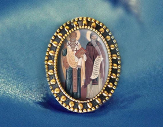 Saint Cyril and Methodius Antique Gold Religious Pin. Patron Saint Brooch
