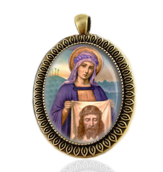 St Veronica and The Holy Face Religious Catholic Medal Bronze Oval Pendant Christian Jewelry