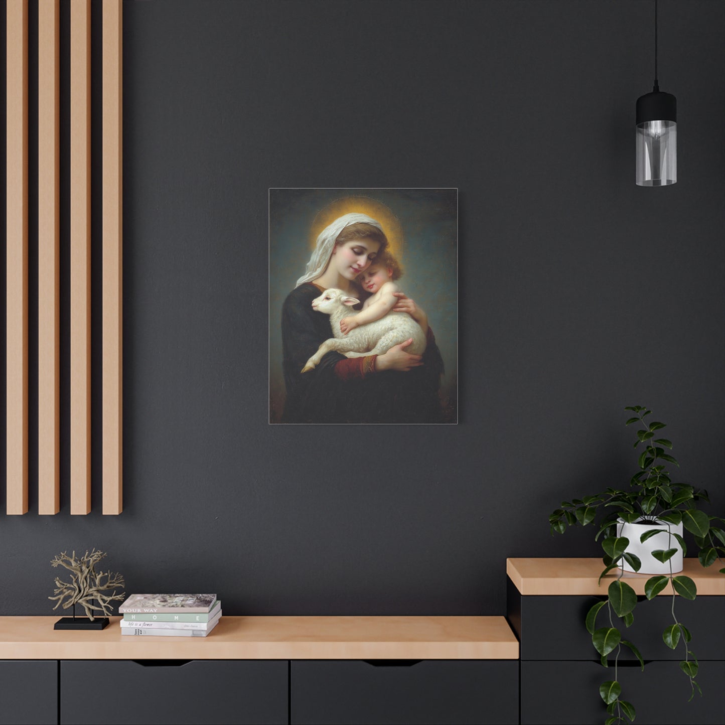 Mother Mary with Baby Jesus and Lamb Catholic Canvas Wall Art, Christian Decor
