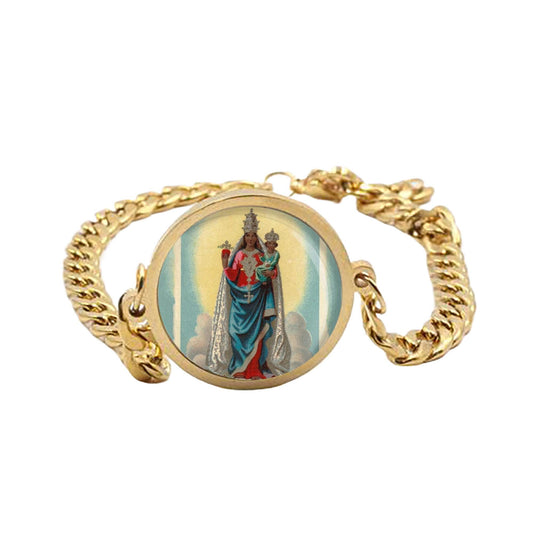Our Lady Oropa Curb Bracelet Gold or Silver tone Religious Jewelry Simple Chain