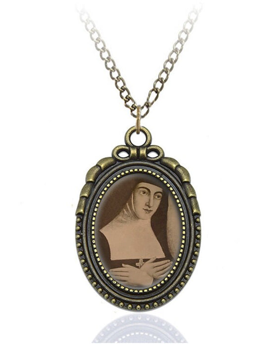 St. Margaret Mary Alacoque French Roman Catholic Nun and Mystic in Sepia Color Catholic Necklace Bronze Medal
