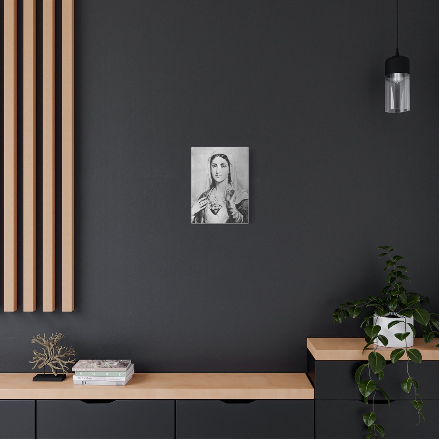Ready To Hang - Black and White Mother Mary Immaculate Heart Catholic Canvas Wall Art, Christian Decor