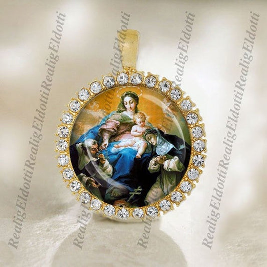 Our Lady of the Holy Rosary Virgin Mother Mary Christian Catholic Gold Tone Medal Pendant Jewelry Cabochon