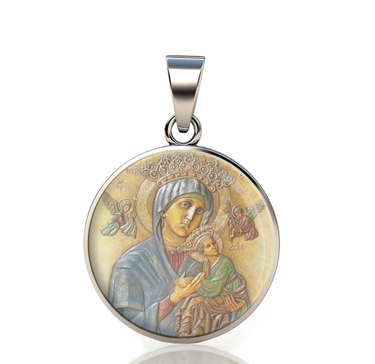 Our Lady Perpetual Help 925 Sterling Silver Round II Pendant Christian Religious Medal Small 20mm