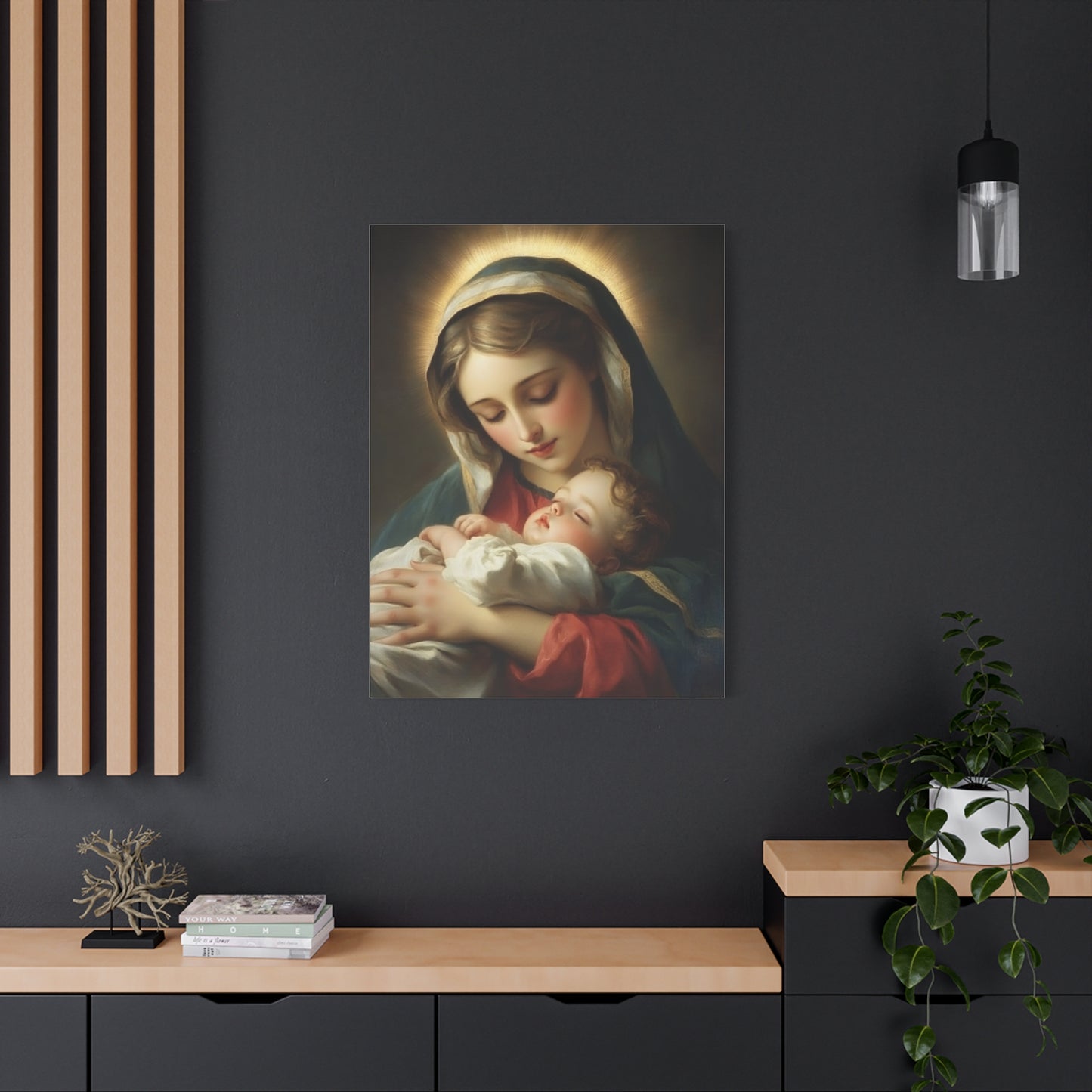 Mary and Sleeping Baby Jesus Catholic Canvas Wall Art, Christian Decor