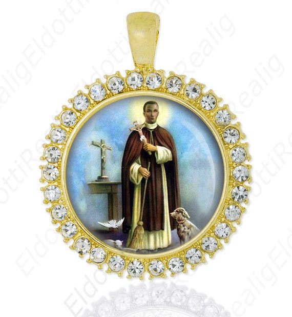 St Martin de Porres Patron Saint of Interracial Harmony Pendant | Round Medal with Rhinestones for Necklace