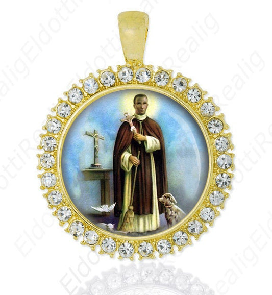St Martin de Porres Patron Saint of Interracial Harmony Pendant | Round Medal with Rhinestones for Necklace