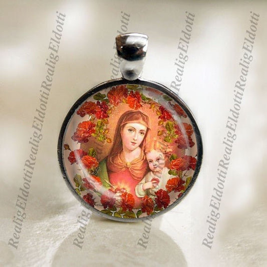 Our Mother Virgin Mary and Baby Jesus Catholic Medal Pendant / Charm Cabochon with Glass Dome