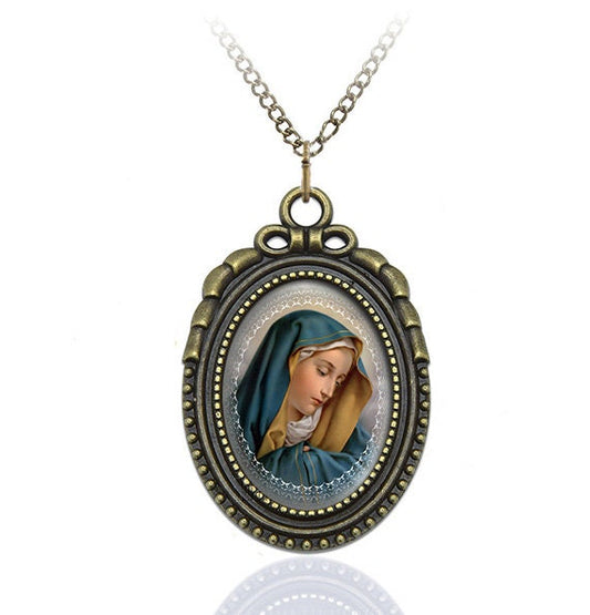 Our Lady of Sorrows - Religious Necklace Virgin Mary Tears Jewelry Catholic Medal Pendant Oval  Style
