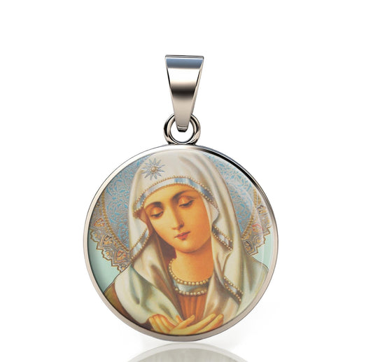 Our Lady Mary 925 Sterling Silver Round II Pendant Christian Religious Medal Small 20mm