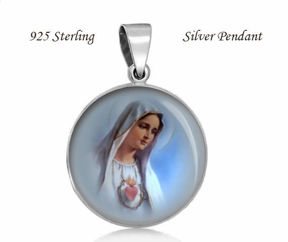 Our Lady of Fatima in Blue Religious Christian Pendant. Sterling Silver 925 Medal 20mm. Religious Christian Jewelry