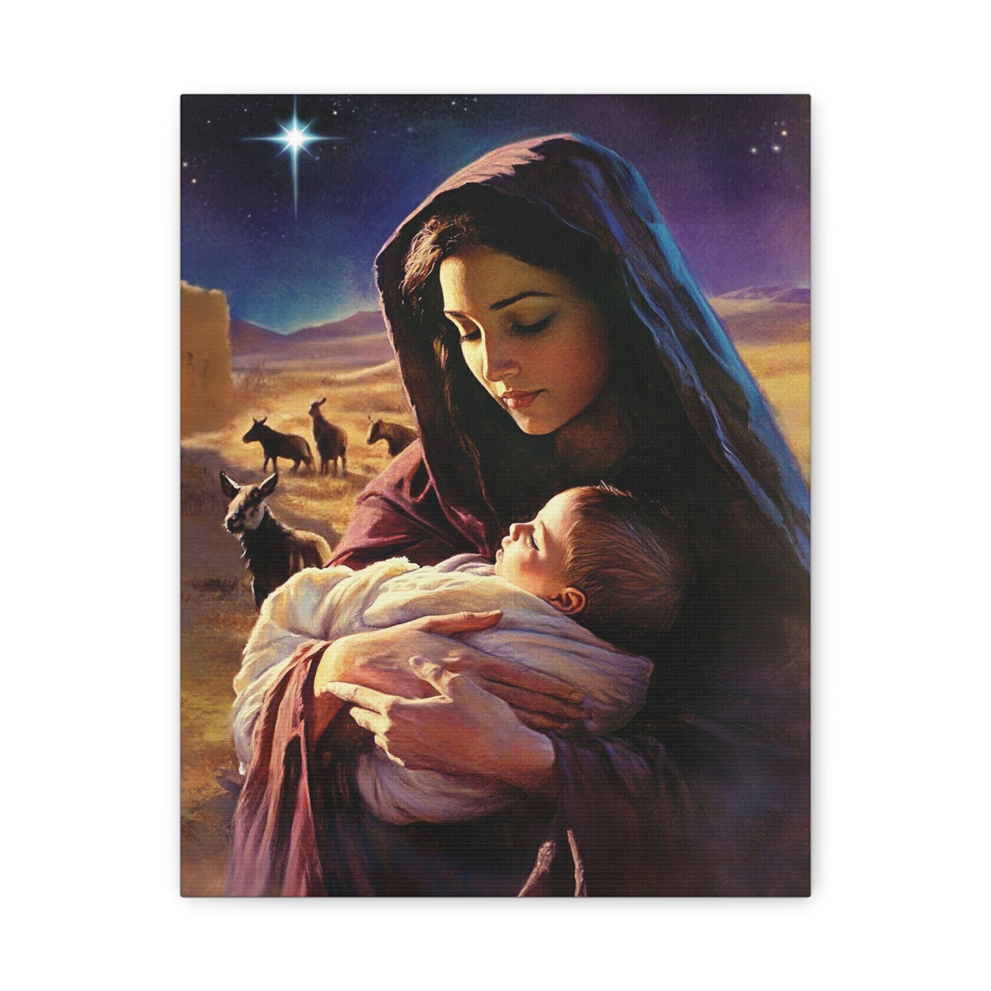 Mother Mary and Newborn Jesus Nativity Star Catholic Canvas Wall Art, Christian Decor