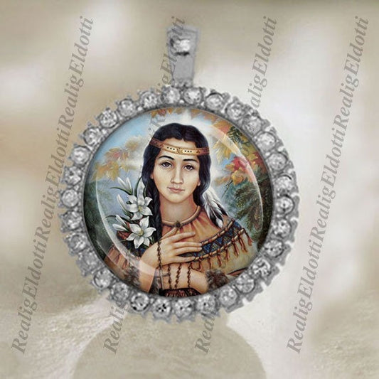 St. Kateri Tekakwitha- Christian Catholic Silver Tone Medal Cabochon Pendant