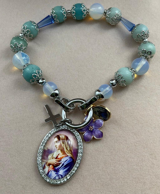 Our Lady of Mental Peace Catholic Blue Bracelet | Holy Infant of Atocha Jesus, Mary Aquamarine and Opalite Beads | Handmade Healing Jewelry