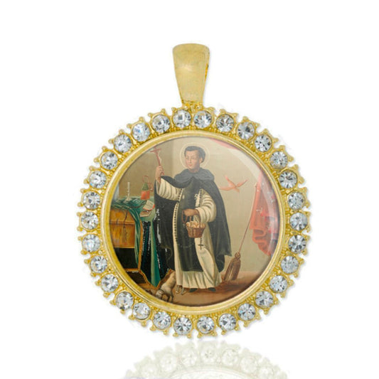 St Martin de Porres Gold Tone Pendant with Rhinestones