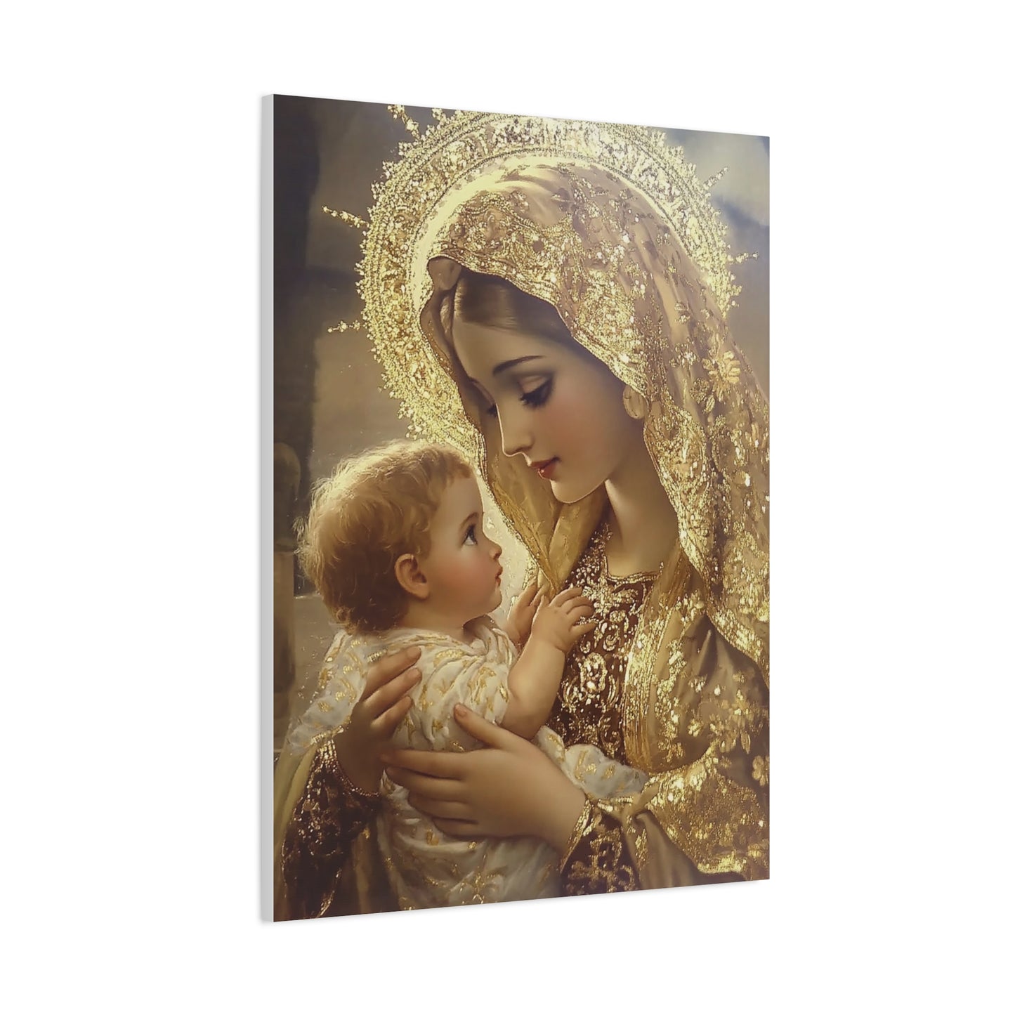 Mary and Baby in Gold Catholic Canvas Wall Art, Christian Decor