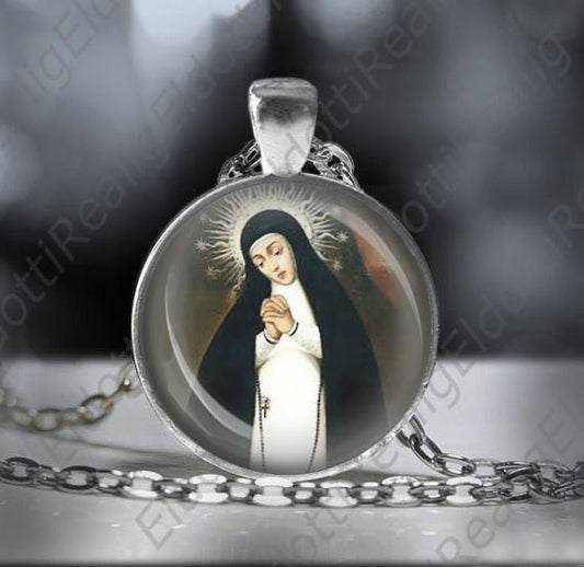 Our Lady of Solitude Catholic Necklace. Virgin Mary Medal Religious Pendant Silver Tone Jewelry.