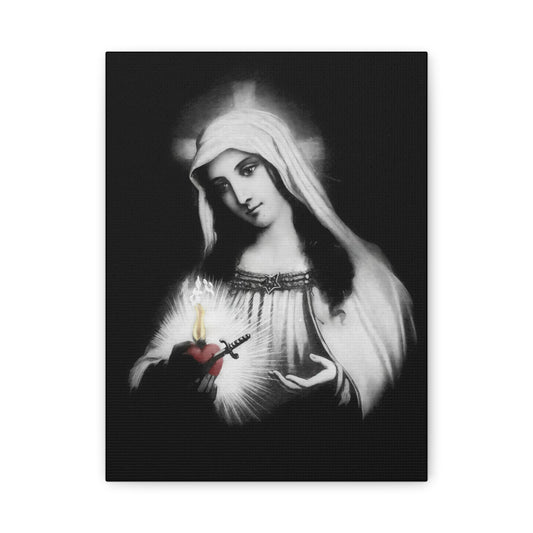 Ready To Hang - Mother Mary Immaculate Heart Catholic Sorrowful Mary Canvas Wall Art, Christian Decor Black and White